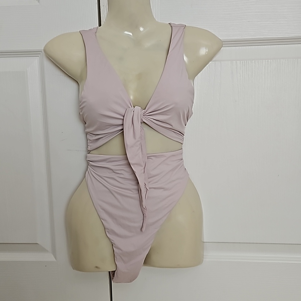 Tie-Front One-Piece Swimsuit in Light Mauve